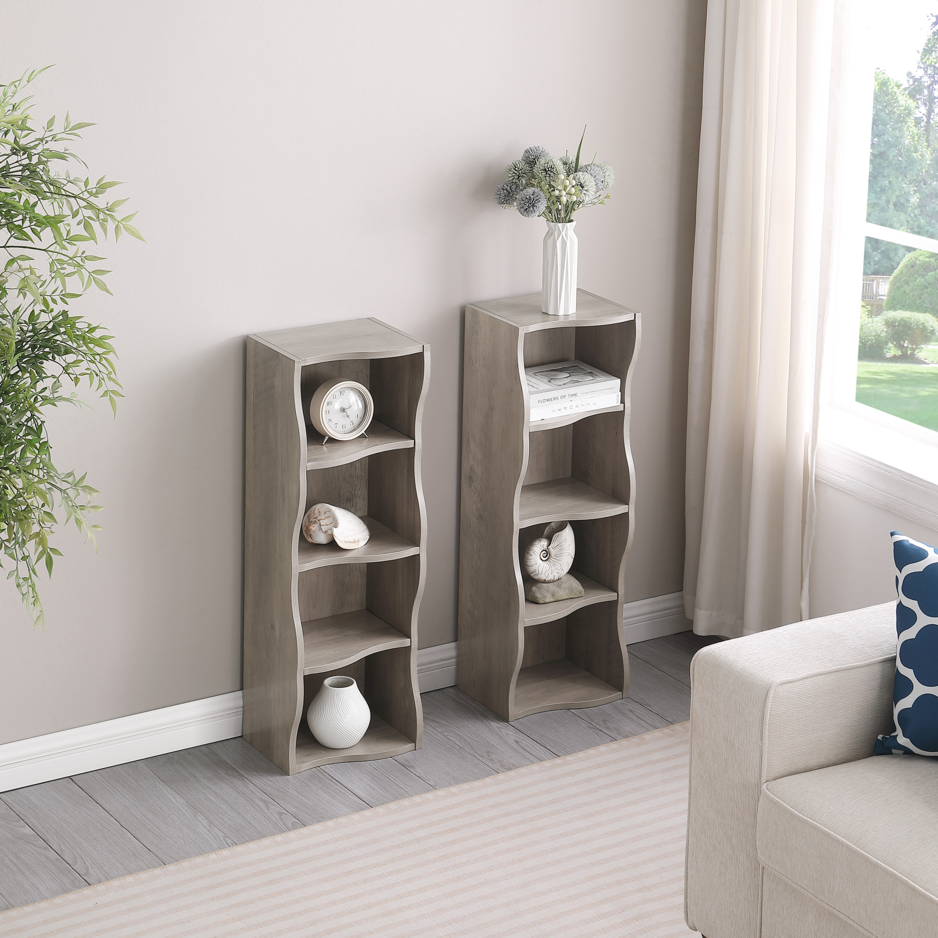 70" Tall Narrow Bookshelf, 8-Tier Cube Display Rack, Modern Wavy Border Design Corner Bookshelf with Adjustable Shelf, CD Storage Cabinet for Home Office, Gray