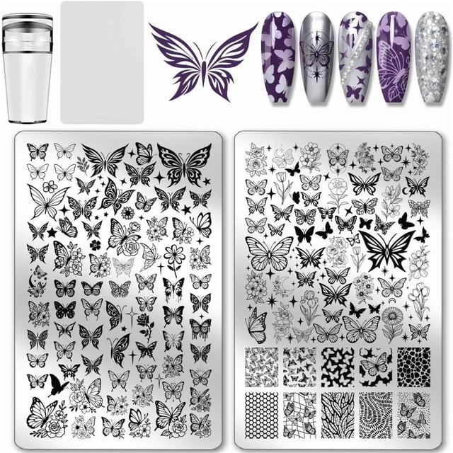 2 placas para estampar uñas con diseño de mariposas (140 diseños diferentes) con plantilla artística de flores y mariposas, incluye herramienta raspadora de silicona.