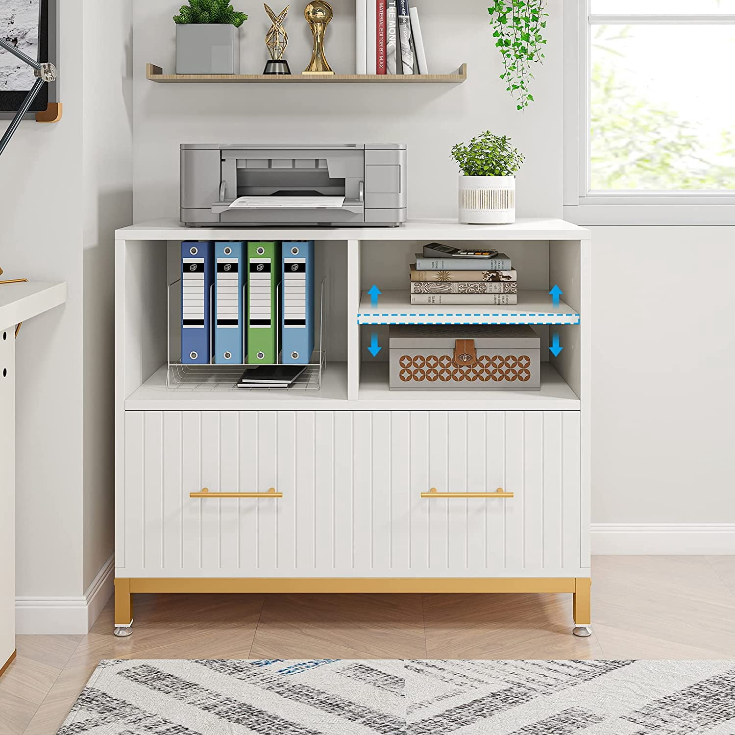 Lateral File Cabinet with Drawer, White Filing Cabinet with Adjustable Hanging Rod for Letter/Letter/A4 Size Files, 35.4" Wood Modern Printer Stand with Open Storage Spaces for Home Office
