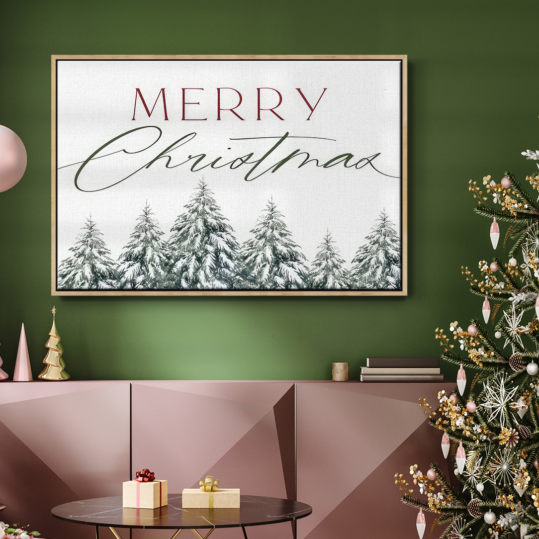 Merry Christmas Trees - Framed Gallery Wrapped Holiday Canvas - 27 x 41 - Natural Wood Frame