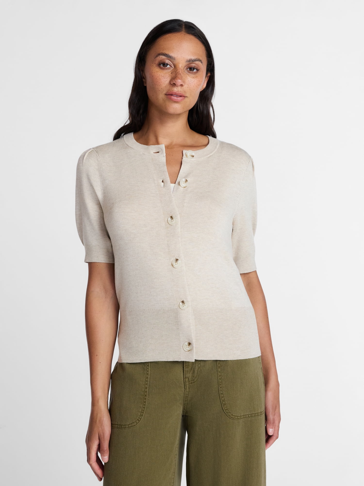Time and Tru Women's Crewneck Cardigan with Short Sleeves, Lightweight, Sizes XS-XXXL