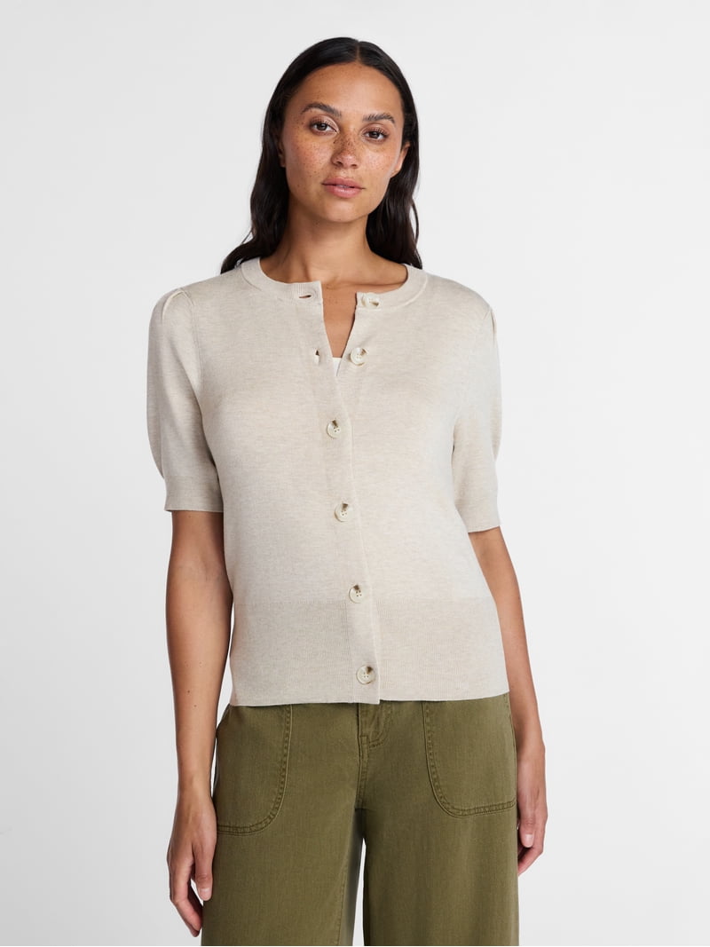 Time and Tru Women's Crewneck Cardigan with Short Sleeves