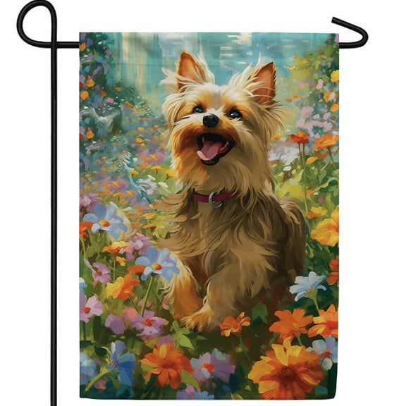 America Forever Happy Terrier Garden Flag, 12.5 x 18 inch Double Sided, Yorkshire Terrier Dog Banner, Yorkie Wildflower Garden Outdoor Decor, Pet Lover Yard Flag