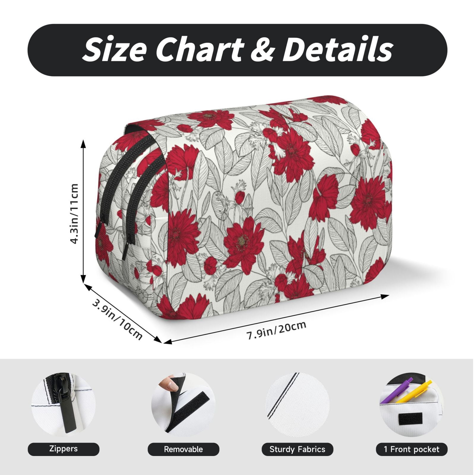 Rateoe Leaves And Anemone Flowers In Red Grey Pattern Double Clamshell Pen Case, Storage Organizer with Two Zipper Compartments– Holds Up to 50 Pencils & Pens