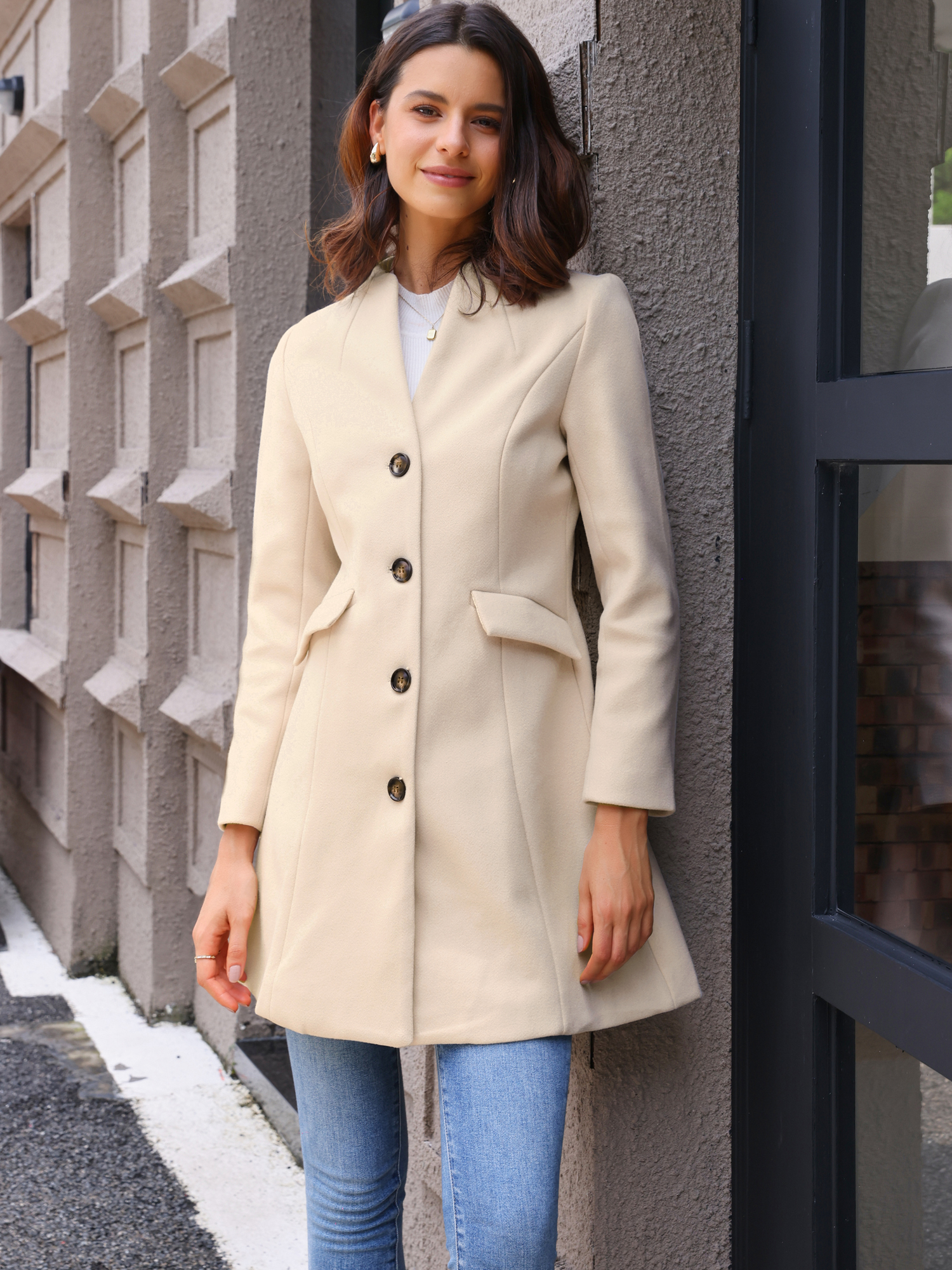 DARING DIVA Women's Elegant Winter Overcoat V Neck Single Breasted Coats Beige XL