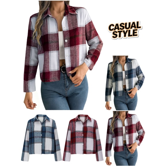 Nmnitkp Flannels for Women Cropped Shacket Jacket Fashion Plaid Button Down Shirt 2025 Fall Coat Tops Red,L