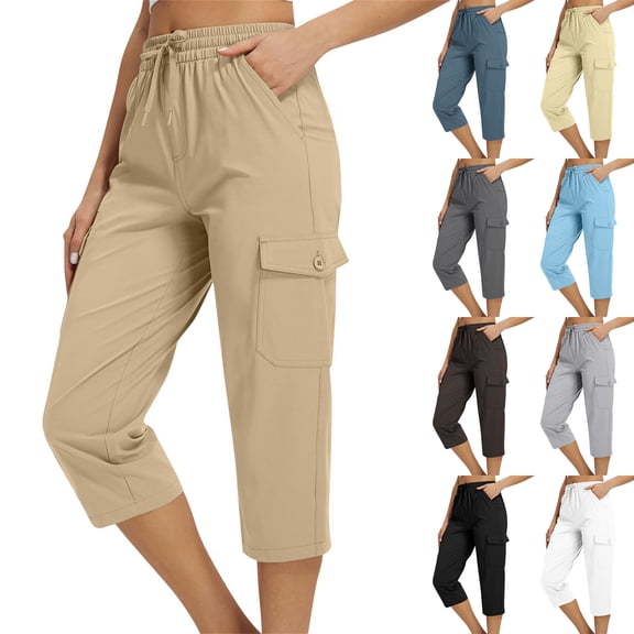 Cargo Capri Pants for Women Casual Summer Drawstring Elastic Waist Quick Dry Hiking Capris with Pockets, M