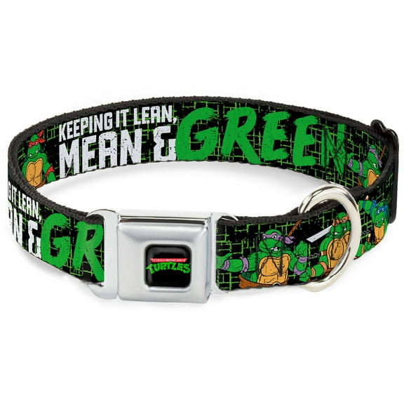 Nickelodeon Pet Collar, Dog Collar Metal Seatbelt Buckle, TMNT Pose Keeping It Lean Mean Green Black Green White, 16 to 23 Inches 1.5 Inch Wide