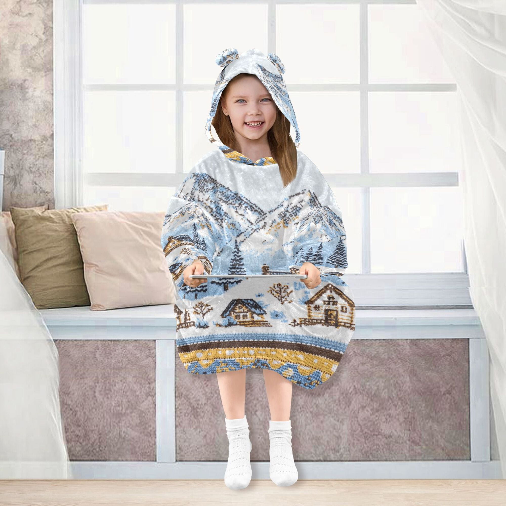 FORMRS Wearable Blanket Hoodie with Sleeves for Kids Cozy Flannel Sweatshirt, Winter Village