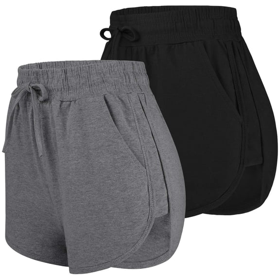 URATOT 2 Pack L Cotton Yoga Short Women Summer Running Gym Sports Waistband Shorts with Pockets, Black, Dark Grey