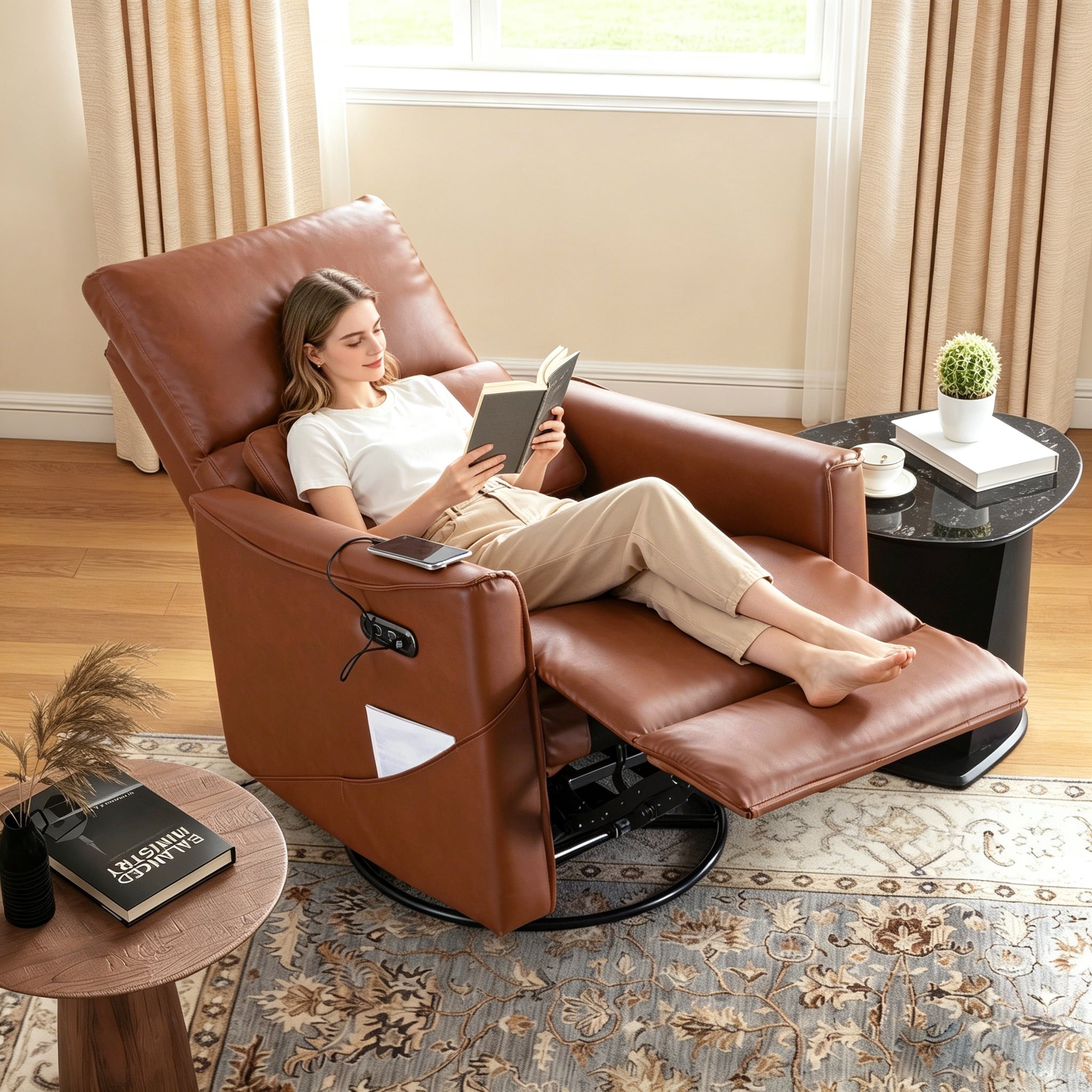 Gewnee 29.13"Power Rocking Recliner Chair,360°Swivel Recliner Chair with USB & Type-C Ports,Adjustable Reclining Positions,PU Swivel Recliner for Living Room,Office,Bedroom.Brown