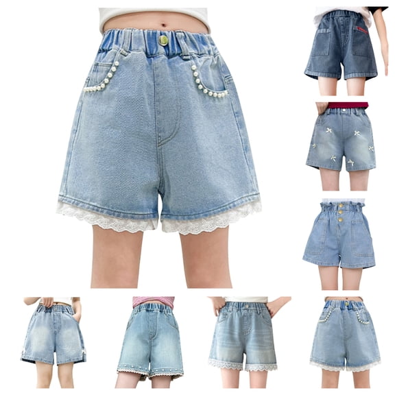 Einccm Girls Denim Shorts with Pearl and Lace Trim, High-Waist Elastic Comfort Fit, Sweet Summer Casual Shorts for School, Outdoor Play, Ages 2-12