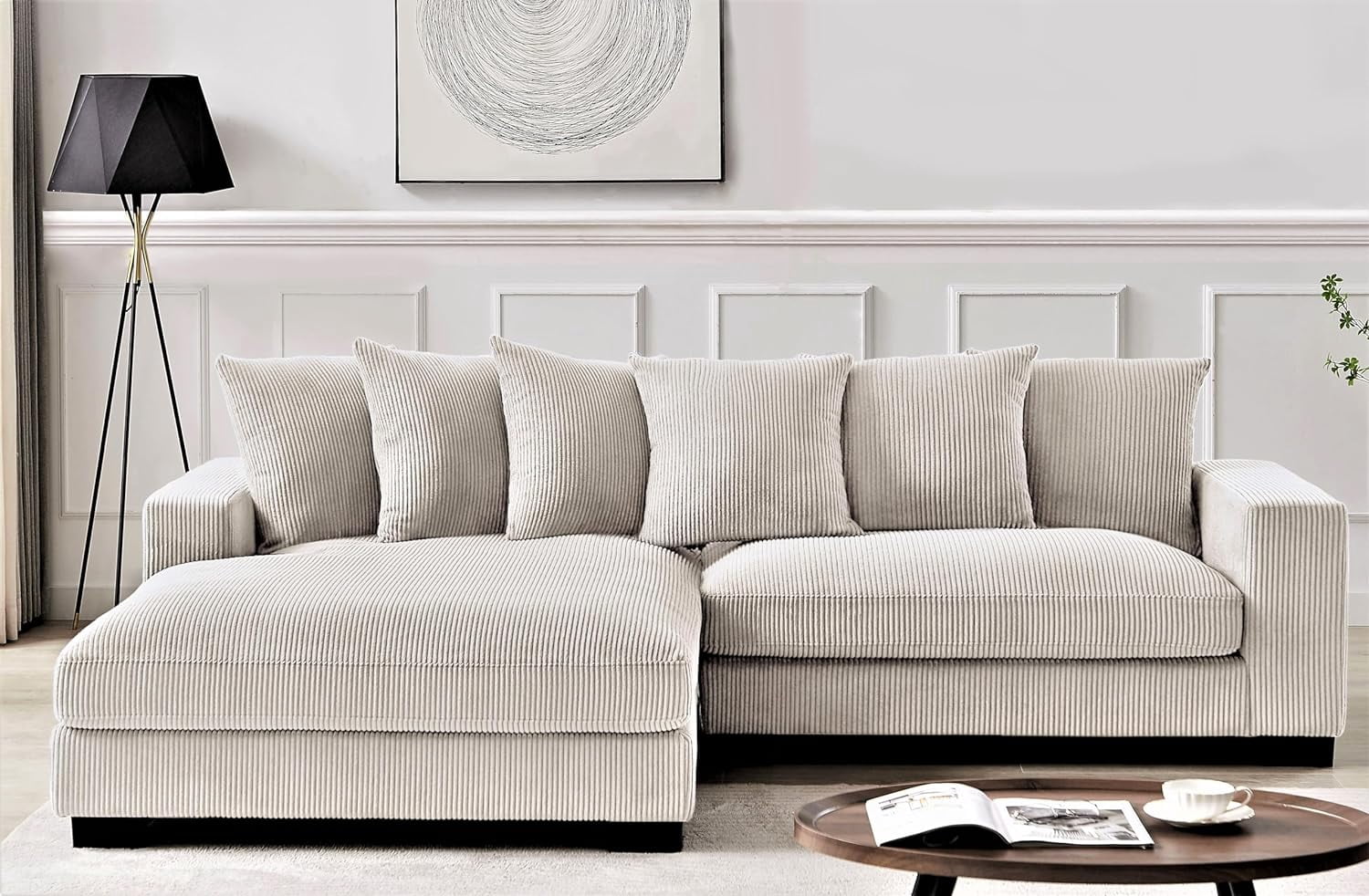 US Pride Furniture Luxe Oversized Two-Piece Sectional Couches for Living Room L Shaped Sofa with Chaise Upholstered with Corduroy Fabric Facing Left Ivory