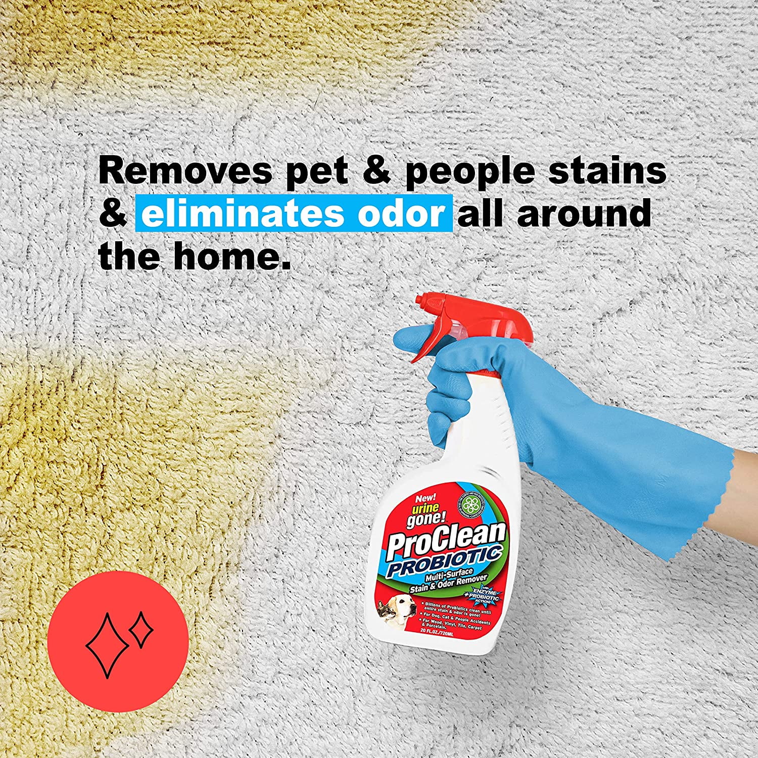 Urine Gone ProClean Stain and Odor Remover Probiotic Multisurface Eliminates Tough Dog Cat People Stains and Odor On Wood Carpet Vinyl and Tile Floors