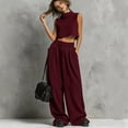 thumbnail image 4 of mihongmao Summer 2 Piece Sets For Women Dressy Club Outfits Women Turtleneck Sleeveless Crop Top 2 Piece Outfit Casual Loose Wide Leg Sweatpants Set With Pockets Wine 2X, 4 of 5