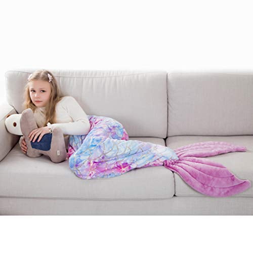 Tricandide Mermaid Tail Blanket Whit Fish Scales Pattern Girls Women in Sofa Living Room Sleeping Bag Lakeblue Baby Size 
