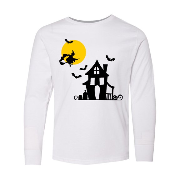 Inktastic Halloween Haunted House Witch and Bats Long Sleeve Youth T-Shirt