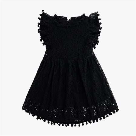 Sanphen Dress For Girls Flower Print Ruffle Flutter Neck Crew Neck Summer Dailywear Soft Breathable Girl Dresses Size 2-3 Years Black