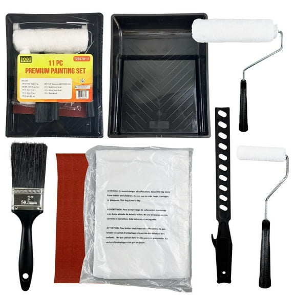 11-Piece Premium Home Painting Kit  Includes 9" & 4" Paint Rollers with Frames, 2" Paint Brush, Drop Cloth, Sandpapers 60/100/220 Grit, Paint Tray & Stir Bar  All-in-One Wall Painting Tool Set