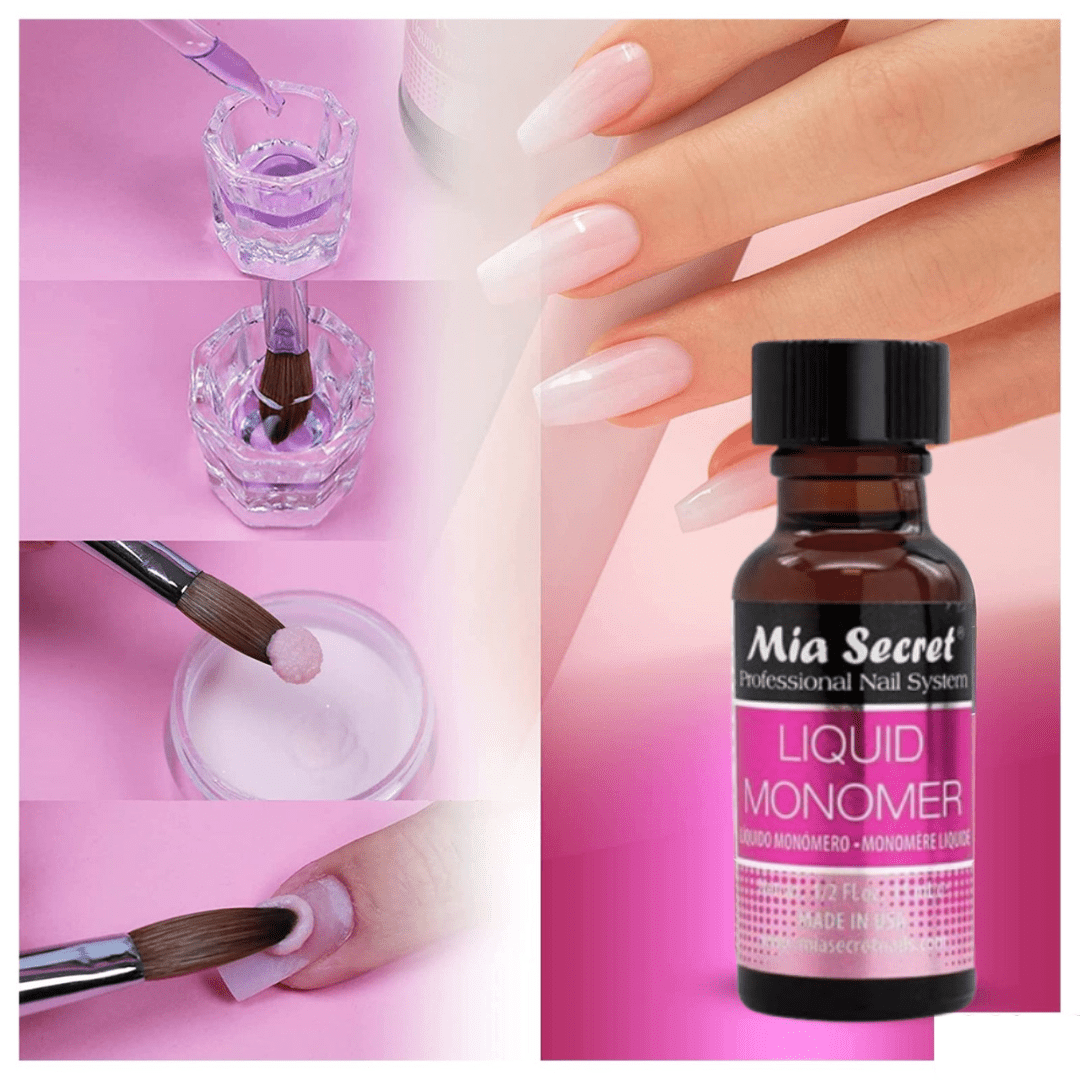 Mia Secret - Liquid Monomer 0.5oz + Cover Acrylic Powder Cool Pink 0.5oz + Dappen Dish + Academy Duo Nail Brush #8OR - COMBO