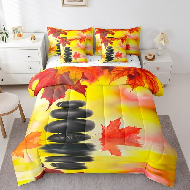 YST Autumn Zen Stone Comforter Set, 7-Piece, Reversible, Twin, Fall Leaves