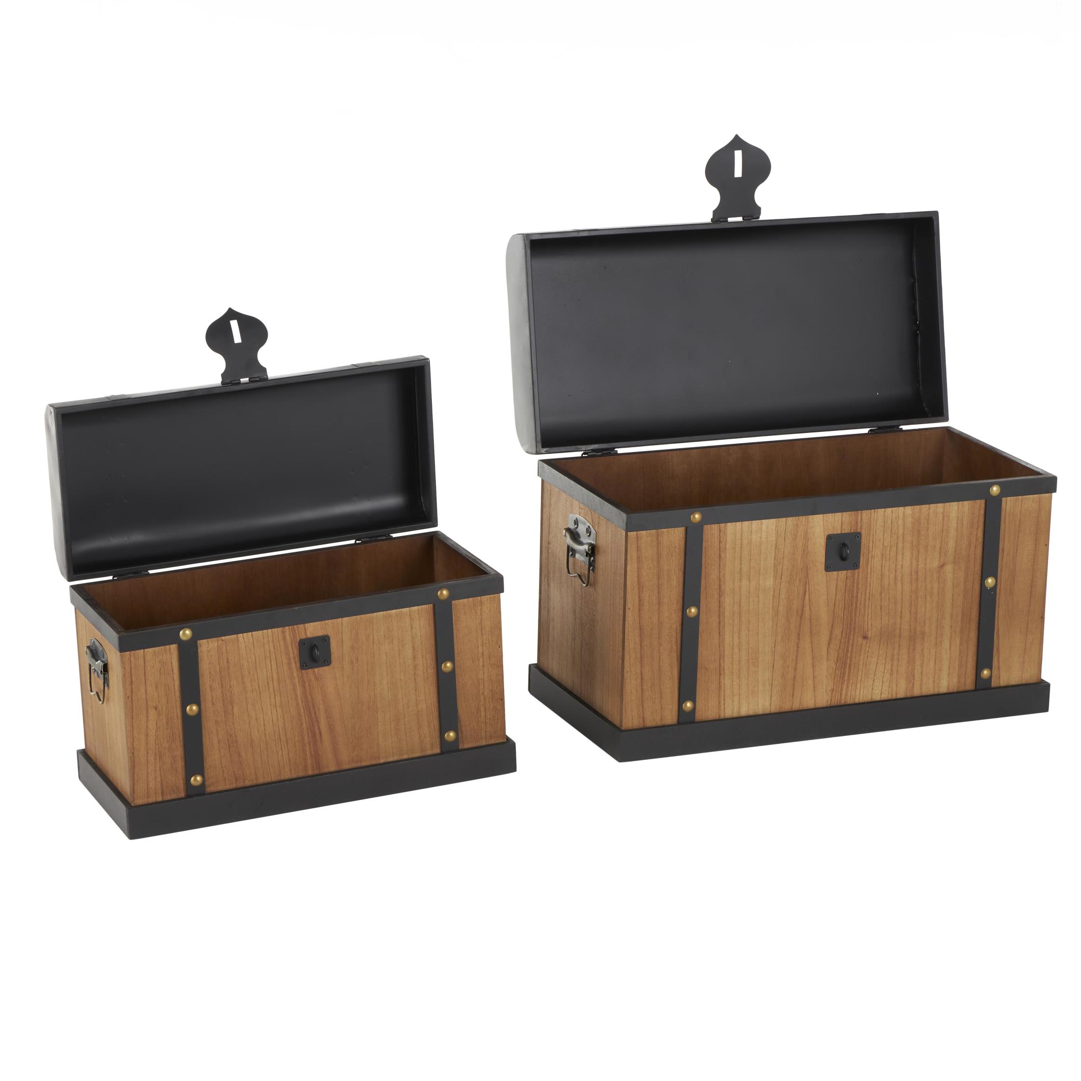 DecMode 24" x 16" Brown Wooden Storage Trunk with Black Metal Tops and Gold Studs, 2-Pieces