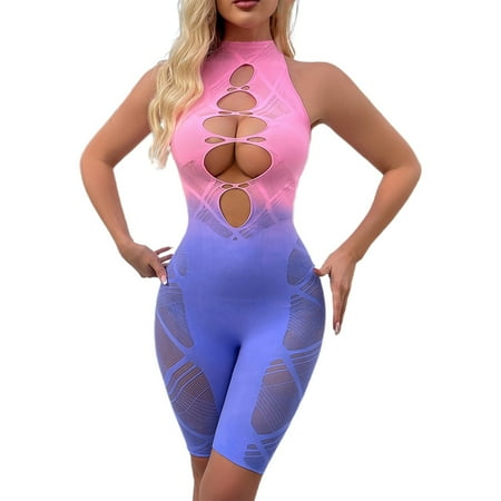 Gunia Womens Lingerie Silk Stockings Jacquard Mesh Stockings Hanging Neck Lace Backless Underwear for Honeymoon Wedding Night