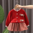 thumbnail image 2 of Odeerbi Toddler Girls Fall Winter Outfits Rabbit Cardigan Sweater with Plaid Pleated Skirt Set 1-8 Years Kids Cute Long Sleeve Tie Button Sweater Skirt Two-piece Set Toddler Clothes Red, 2 of 9