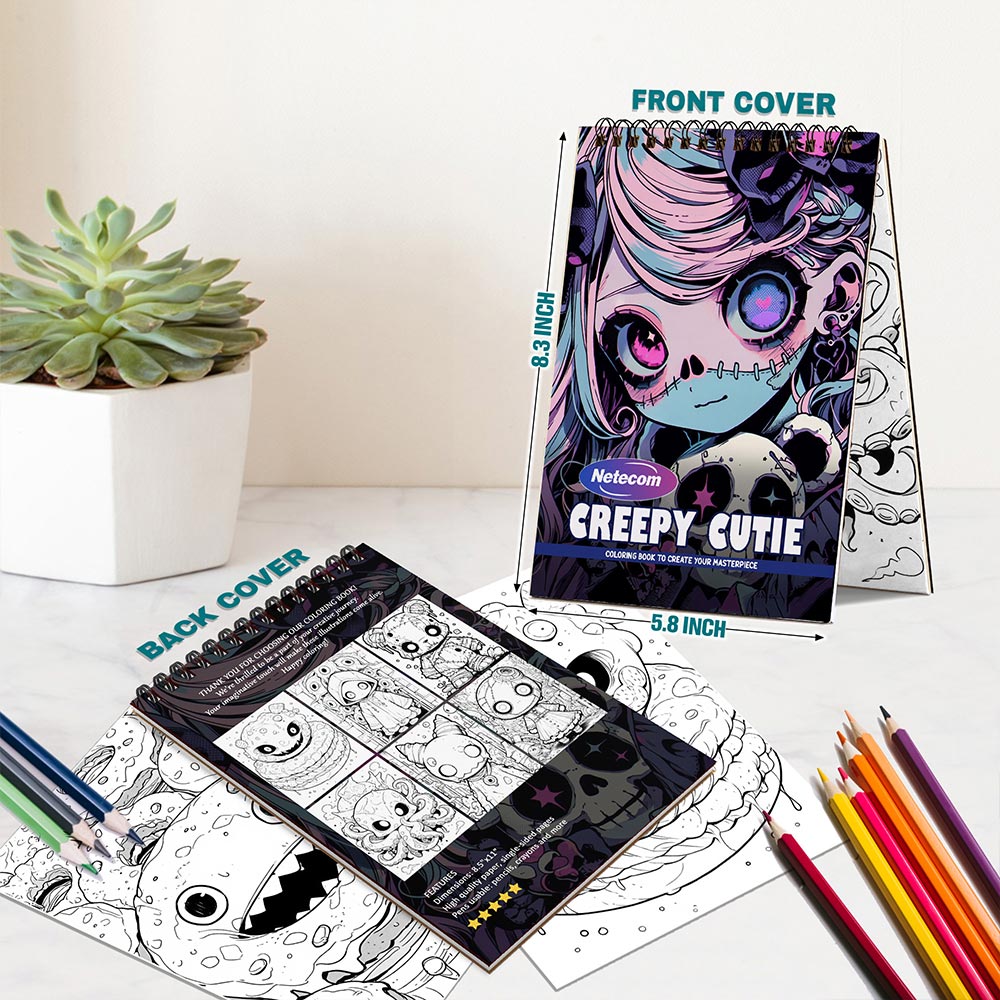 Netecom Creepy Cutie Coloring Book Spiral Bound For Adults, A5 Wooden Cover, 30 Delightful Coloring Pages of Playful Monsters for Stress Relief and Relaxation