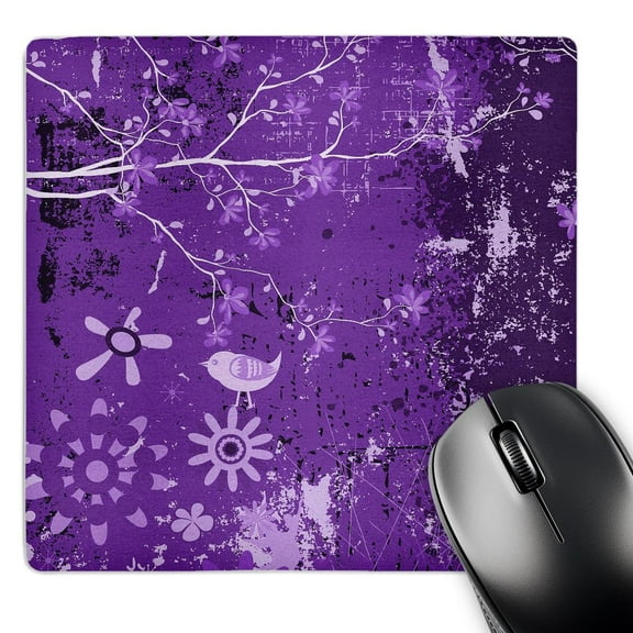 3dRose, Pretty Stems Of Flowers In Purple With a Bird On A Grunge Background, MousePad