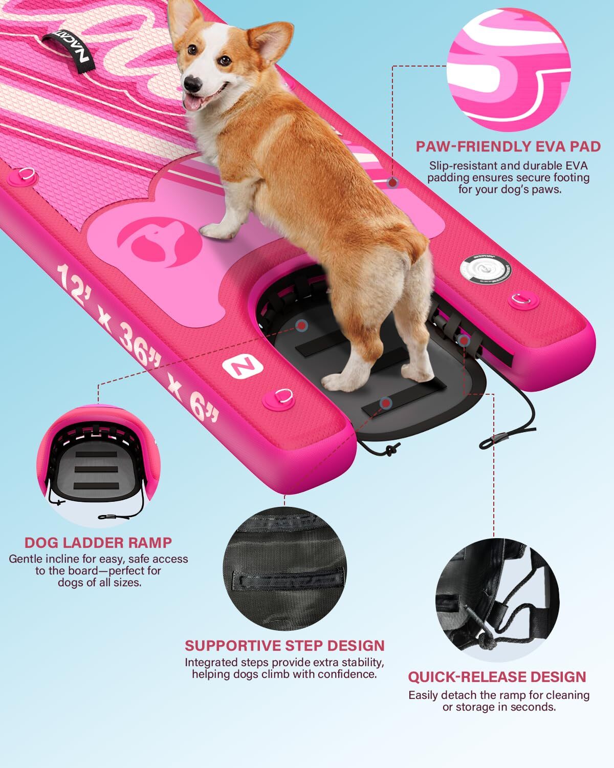 NACATIN Inflatable Dog Paddle Board 2-in-1 Dog SUP with Built-In Ramp & Kayak Seat