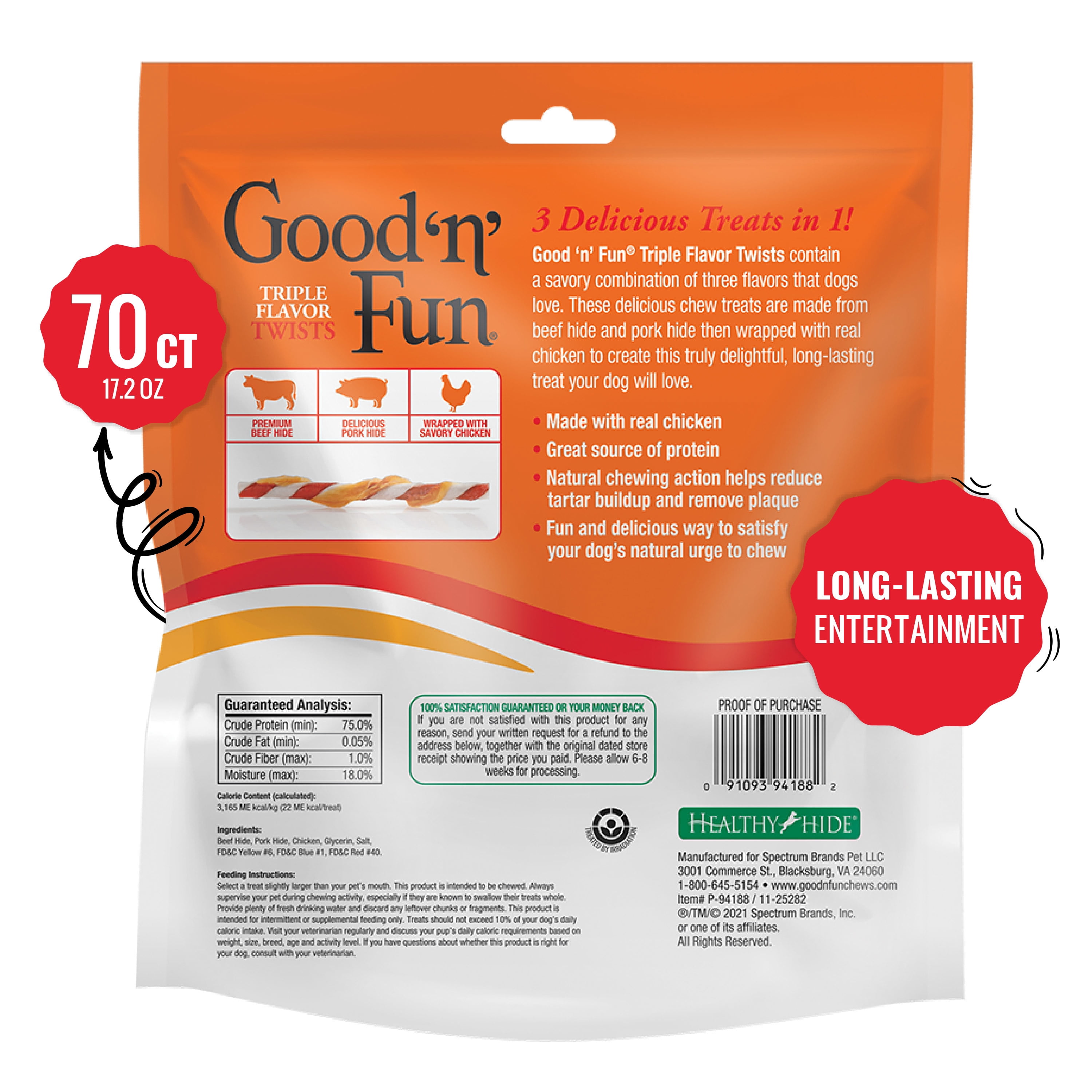 (3 pack) Good 'n' Fun Triple Flavor Twists, Rawhide Chews for All Dogs, 70 Count