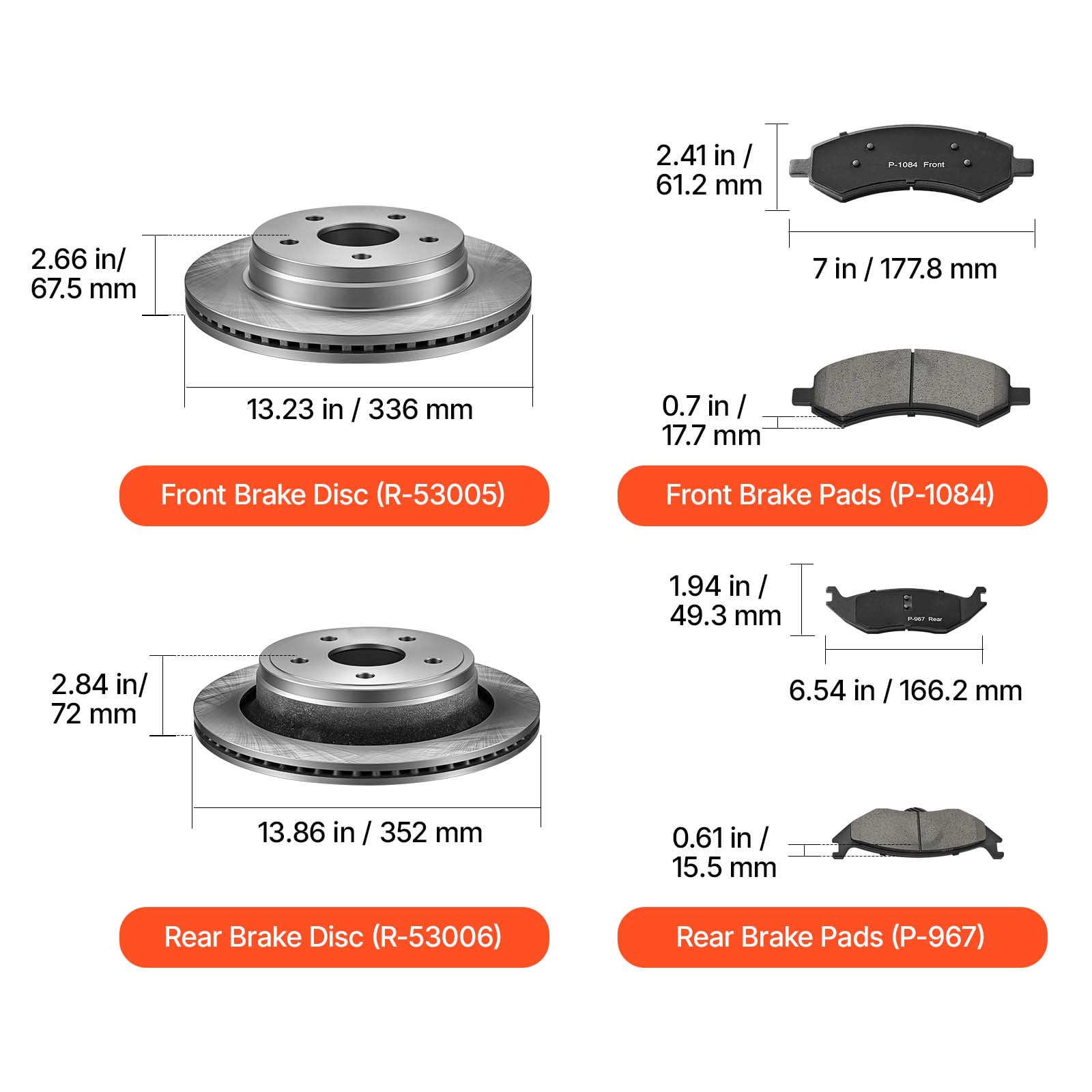 KFFKFF Front and Rear Brake Kit with Ceramic Brake Pads and Ventilated Rotors, Compatible with 2007-2009 Dodge Durango, Chrysler Aspen, 2011-2018 Ram 1500 (5-Lug), and 2019-2023 Ram 1500 Classic