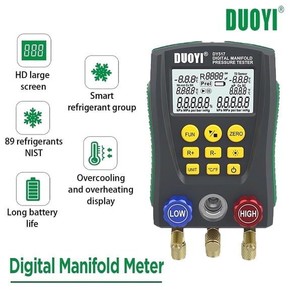 DUOYI DY517 Digital Manifold Gauge Set, HVAC Gauges Dual Pressure&Vacuum Tester R134A R410A