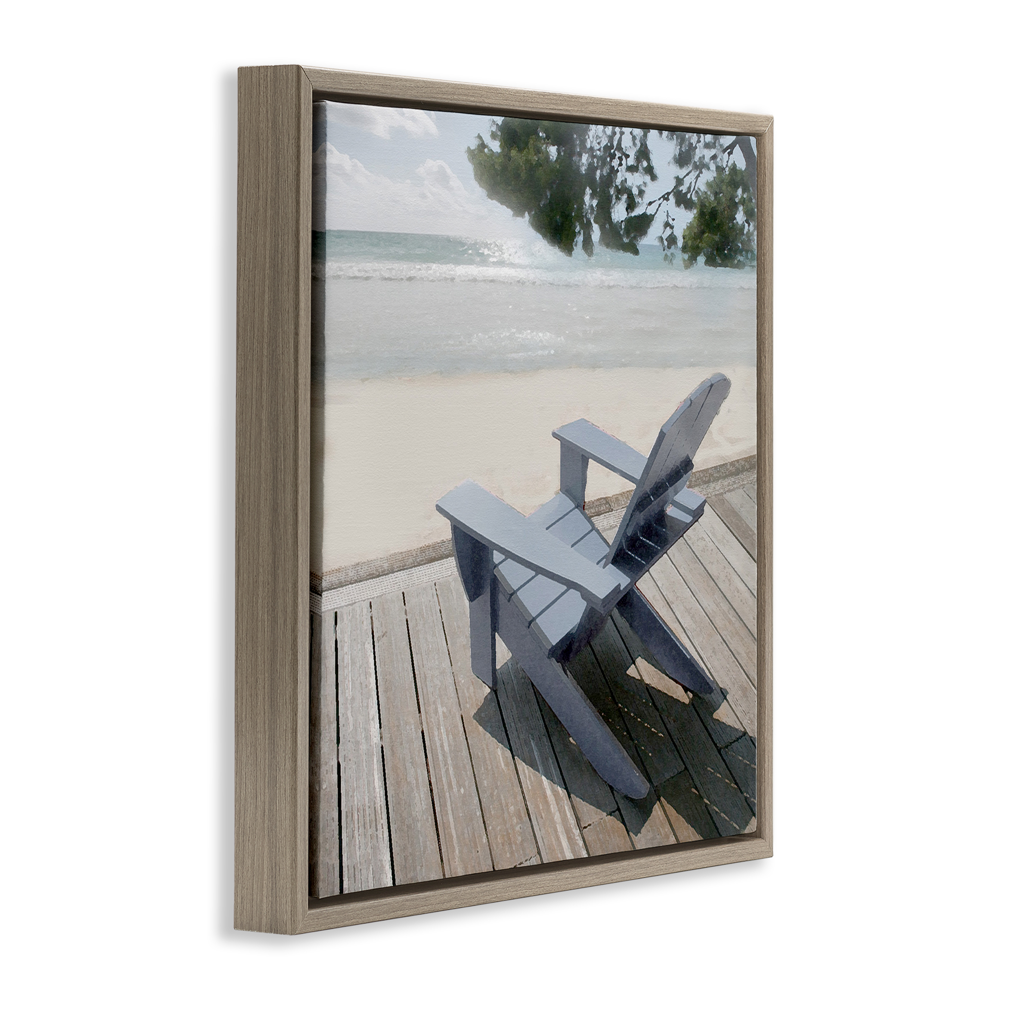 Stupell Industries Greek Chair Beach Landscape Landscape Painting Brown Floater Framed Canvas Art Print Wall Art, 18 x 18