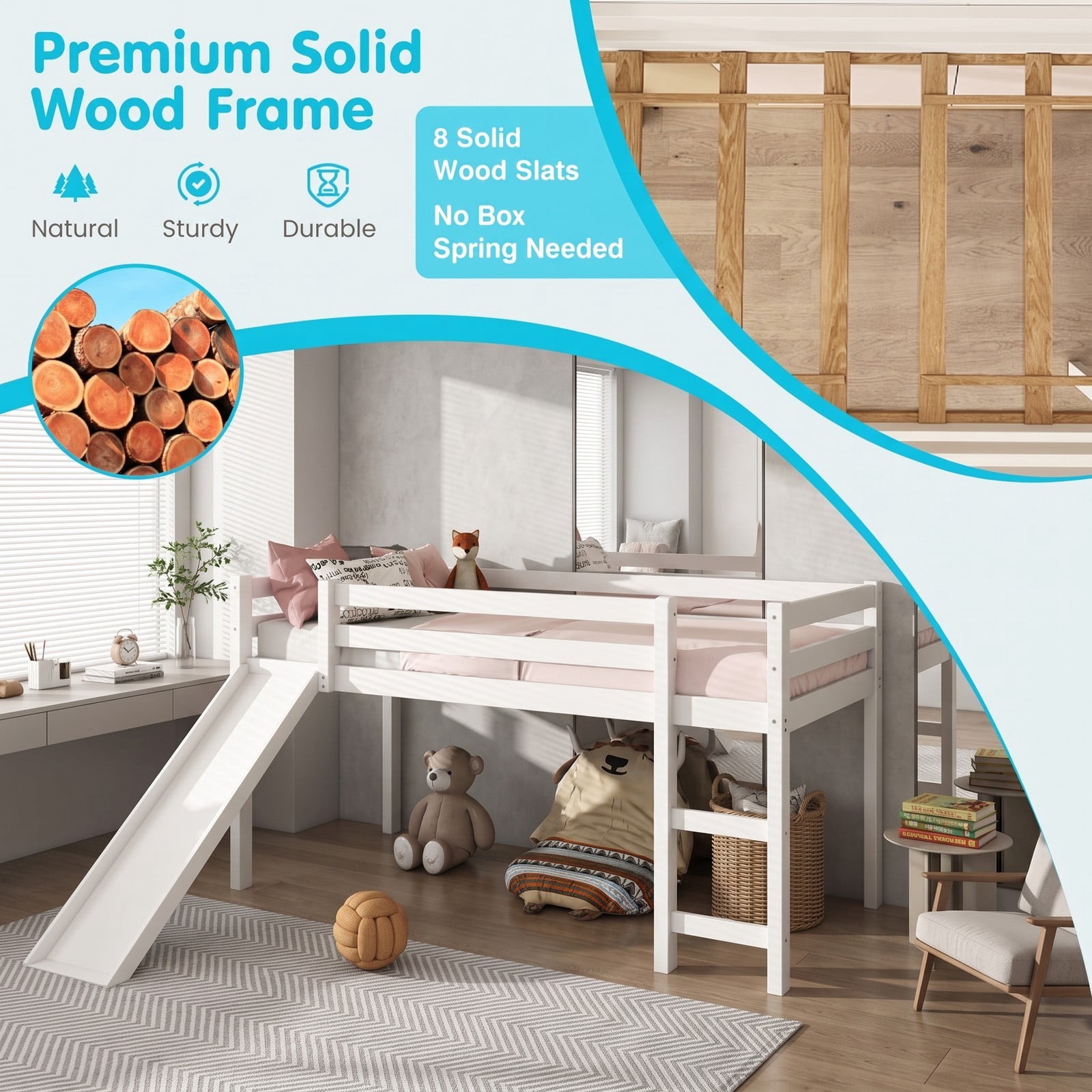 Furnibear Twin Size Low Loft Bed with Slide and Ladder for Kids Bedroom, Sturdy Wood Loft Bed Frame with Guardrails, Space-Saving, White