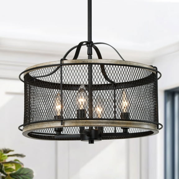 LNC 4-Light Farmhouse Cage Chandelier for Living Room,Distressed Brown Wood Grain and Matte Black