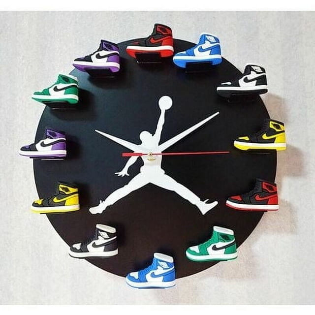 Reloj de pared 3D, modelo de zapato 3D, muebles para el hogar y la oficina, deportes, baloncesto de la NBA, fondo negro, patrón blanco