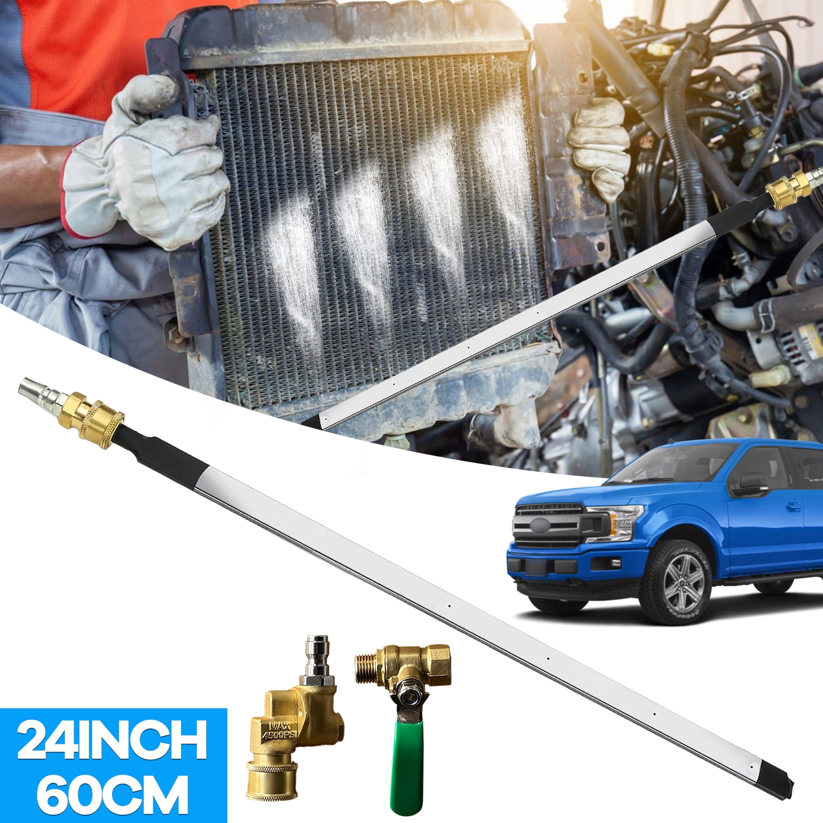 24" Radiator Cleaning Wand - 4500 PSI Stainless Steel Water/Air Radiator Cleaner Cleaner w/Pressure Washer Gun Adapter & Tips for Cars, Trucks, RVs, Heavy Equipment