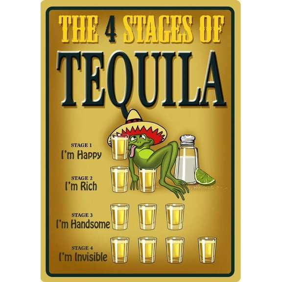 THE 4 STAGES OF TEQUILA METAL SIGN BEER BAR PUB MAN CAVE HAPPY RICH HANDSOME