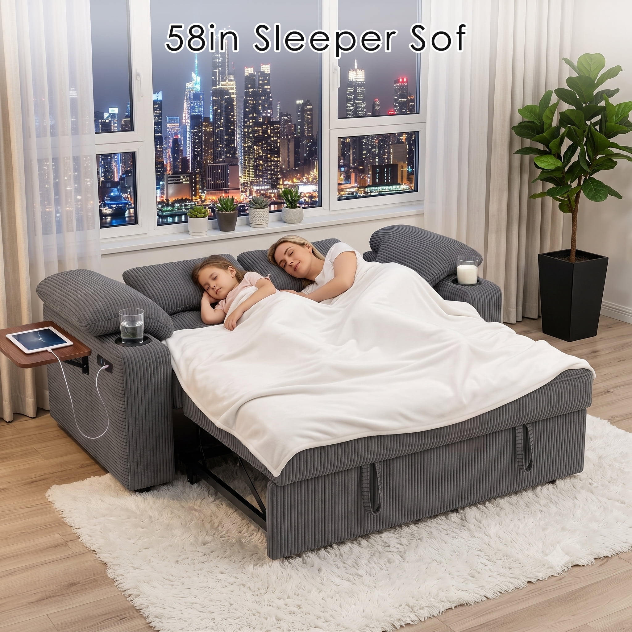 58" Convertible Sleeper Sofa Bed, Full Size Pull Out Couch with USB Charging, Cup Holders, Side Table, Adjustable Backrest, Corduroy Loveseat for Living Room, Apartment, Office (Gray)