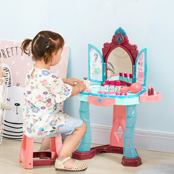 Qaba Kids Vanity Makeup Table Set with Chair and 31-Piece Collection, Mirror Princess Vanity Table with Magic Mirror, Music, Light for 3 Years Old