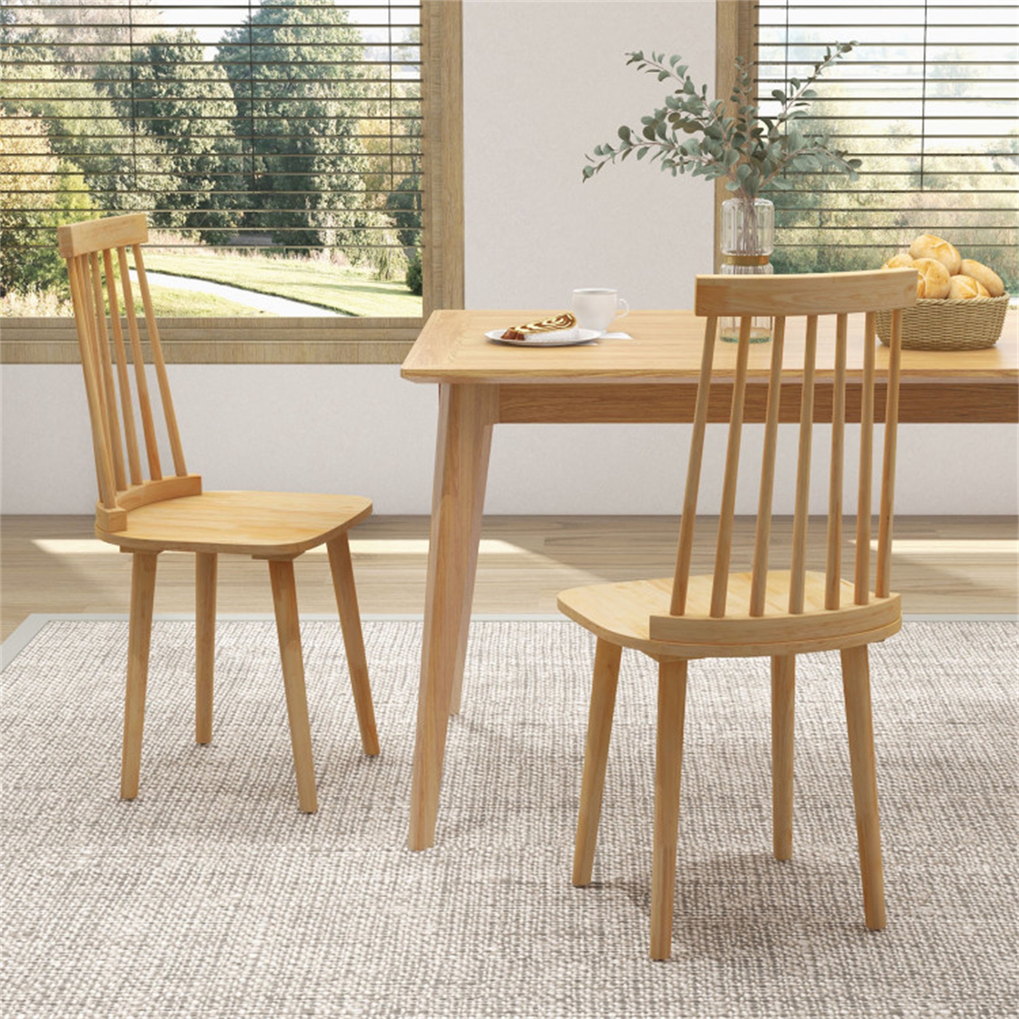Demi Bonn Windsor Dining Chairs Set of 2 with High Spindle Back and Natural Rubber Wood Legs for Dining Room Living Room, Beige