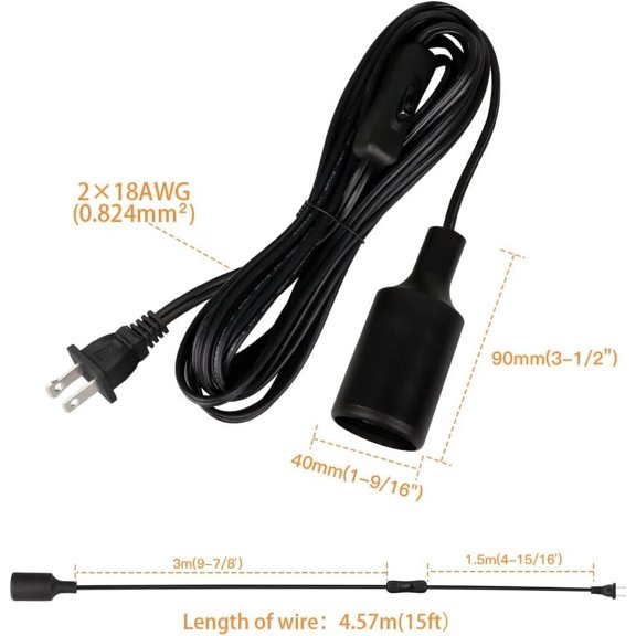 YNTVV-2PCS Hanging Light Socket with 15 FT Cord, Black E26 Extension Cord with ON Off Switch Plug, E27 Light Bulb Socket, Lamp Socket for DIY Pendant Light Fixture Hanging Lantern Cable