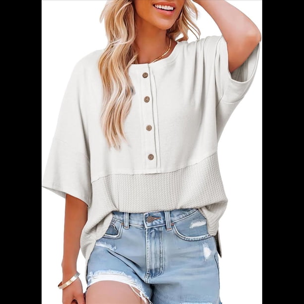 Blusas de Punto Gofre para Mujer, Moda 2025, Blusas de Patchwork Extragrandes con Cuello Redondo y Mangas 3/4, Blancas, Talla S