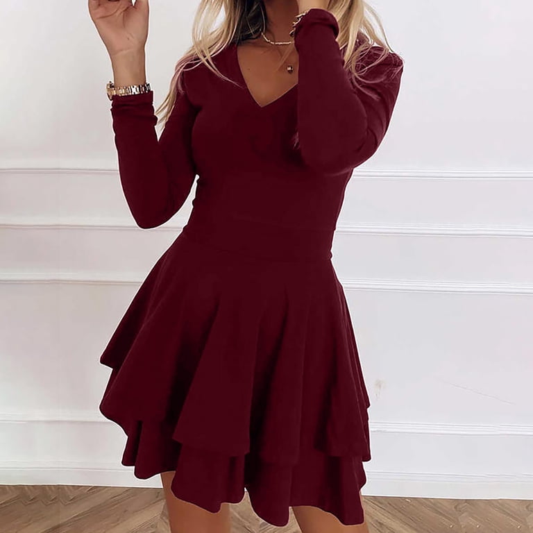 Vsssj Women's Dresses Fall Long Sleeve Ruched Layered Tunic Mini Dress Simple Basic V Neck Solid Color Swing Ruffle A-Line Dress Wine S