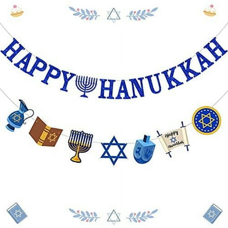 Happy Hanukkah Banner with Menorah Sign Glitter - Hanukkah Party Decoration, Chanukkah Theme Garland for Mantel Fireplace Home Holiday Party Backdrop Supplies