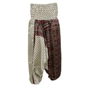 Mogul Women's Harem Pant Comfort Apparel Beige Silk Sari Jumpsuit Dress