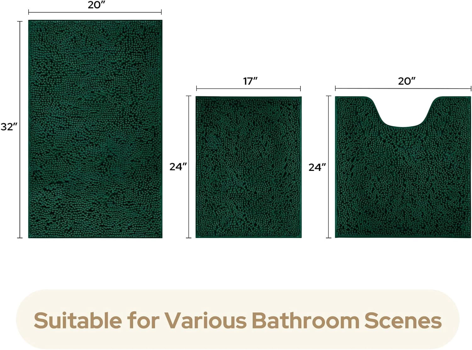 3 Pieces Bathroom Rugs, Ultra Soft Non Slip Absorbent Chenille Toilet Bath Mat Set (Dark Green)