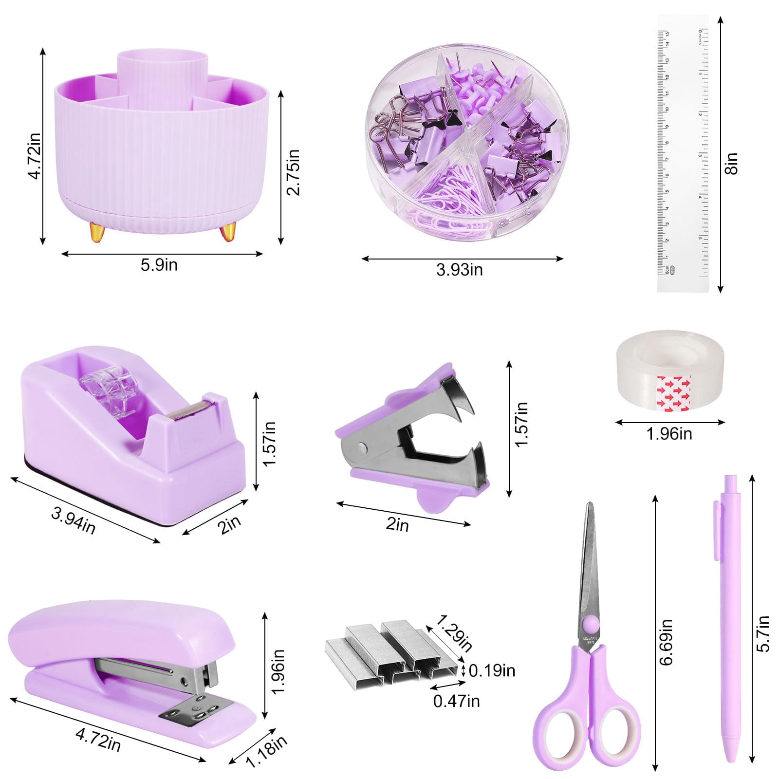 Purple Desk Organizers And Accessories Set With 360-degree Rotating Pen Holder  Tape Dispenser Stapler Staple Remover 1000 Staples Clips Ruler Scissor